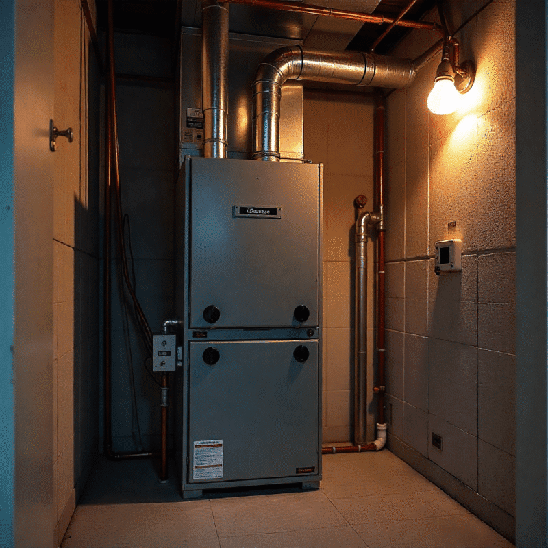 Šildymo sistema su moderniu katilu jaukioje namų aplinkoje žiemą